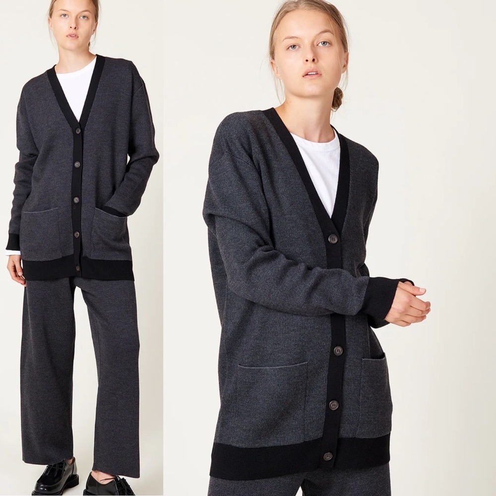 Classic V-Neck Button Cardigan - Charcoal/Black